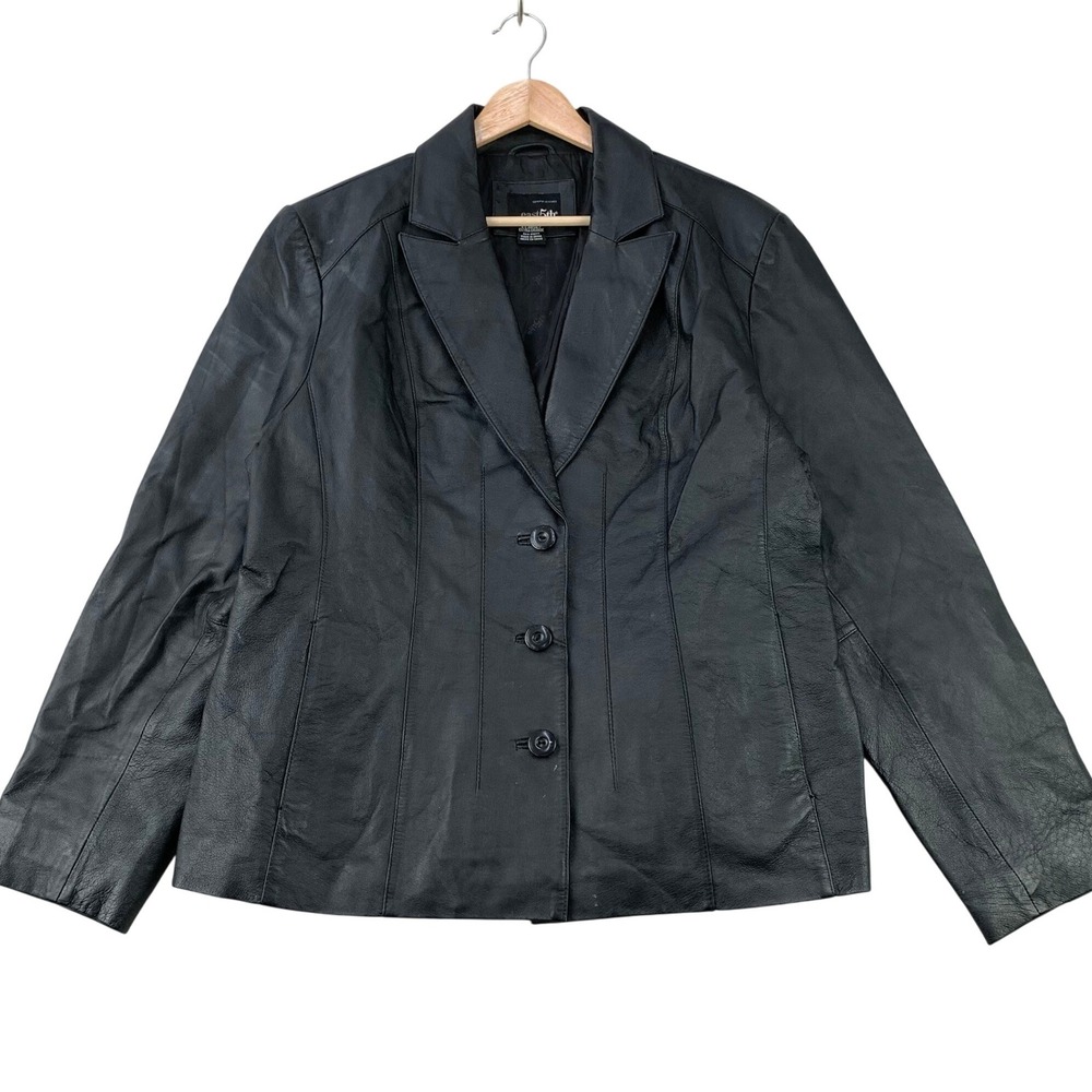 VTG Genuine Leather Blazer Jacket Women XL Black East 5th Classic 3-Button Nappa
